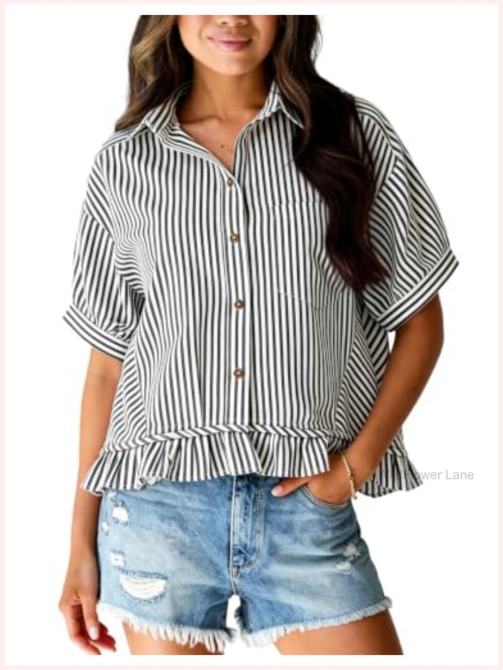 Womens Cropped Striped Button Down Shirt Ruffle Peplum Cotton Top